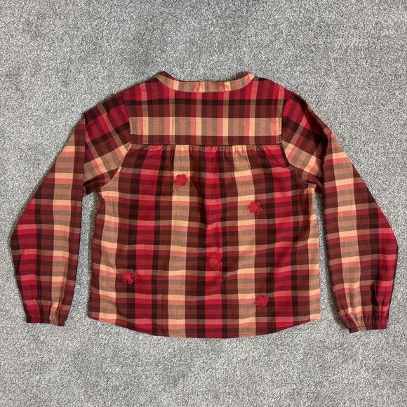 Aventura Shirt Womens Medium Red Plaid Artisan Top Organic Cotton Embroidered - Picture 2 of 11